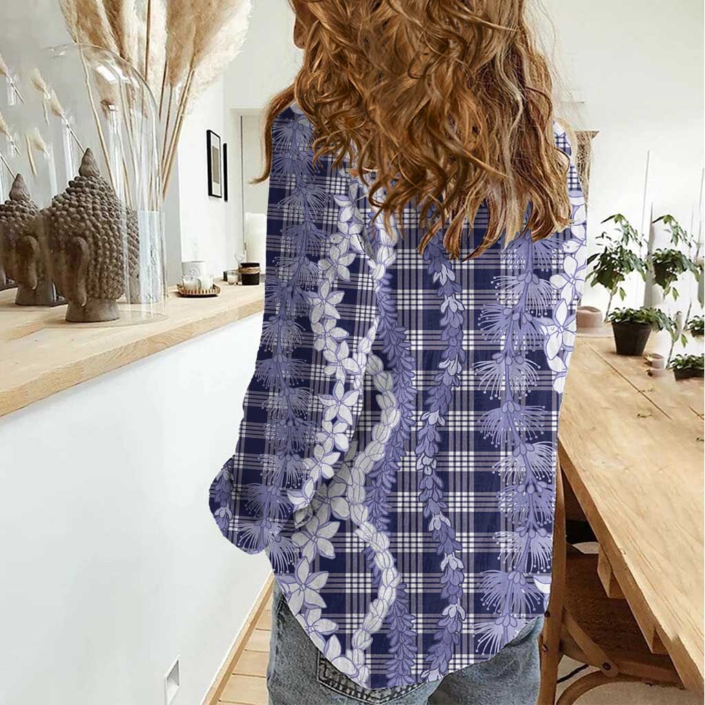 Hawaiian Ohia Lehua Lei Women Casual Shirt Plaid Palaka Uliuli hohonu Pattern - Polynesian Pride