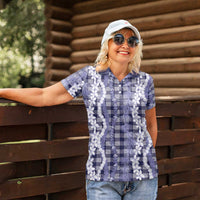 Hawaiian Ohia Lehua Lei Women Polo Shirt Plaid Palaka Uliuli hohonu Pattern - Polynesian Pride
