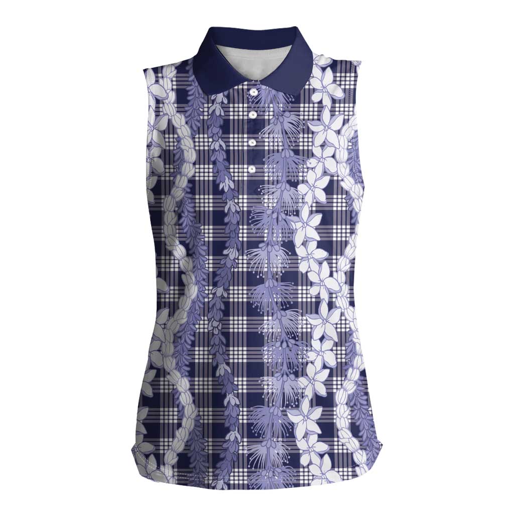 Hawaiian Ohia Lehua Lei Women Sleeveless Polo Shirt Plaid Palaka Uliuli hohonu Pattern LT9 Female Navy - Polynesian Pride