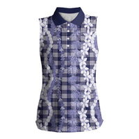 Hawaiian Ohia Lehua Lei Women Sleeveless Polo Shirt Plaid Palaka Uliuli hohonu Pattern LT9 Female Navy - Polynesian Pride