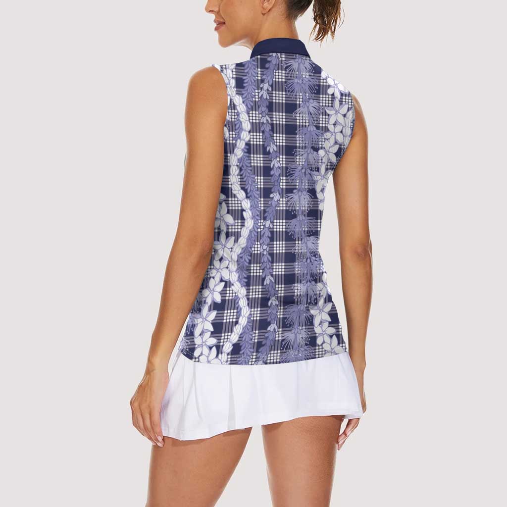 Hawaiian Ohia Lehua Lei Women Sleeveless Polo Shirt Plaid Palaka Uliuli hohonu Pattern LT9 - Polynesian Pride