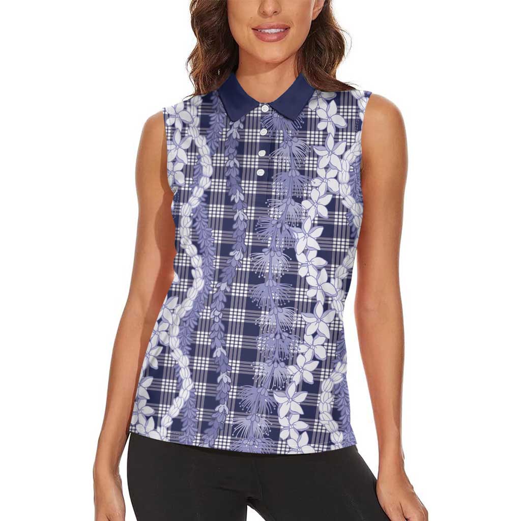 Hawaiian Ohia Lehua Lei Women Sleeveless Polo Shirt Plaid Palaka Uliuli hohonu Pattern LT9 - Polynesian Pride