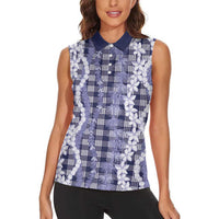 Hawaiian Ohia Lehua Lei Women Sleeveless Polo Shirt Plaid Palaka Uliuli hohonu Pattern LT9 - Polynesian Pride