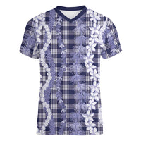 Hawaiian Ohia Lehua Lei Women V-Neck T-Shirt Plaid Palaka Uliuli hohonu Pattern - Polynesian Pride