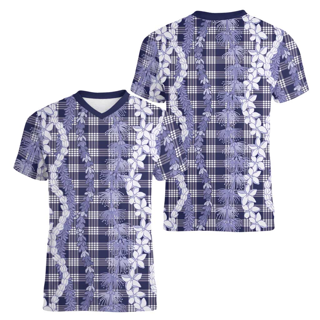 Hawaiian Ohia Lehua Lei Women V-Neck T-Shirt Plaid Palaka Uliuli hohonu Pattern - Polynesian Pride