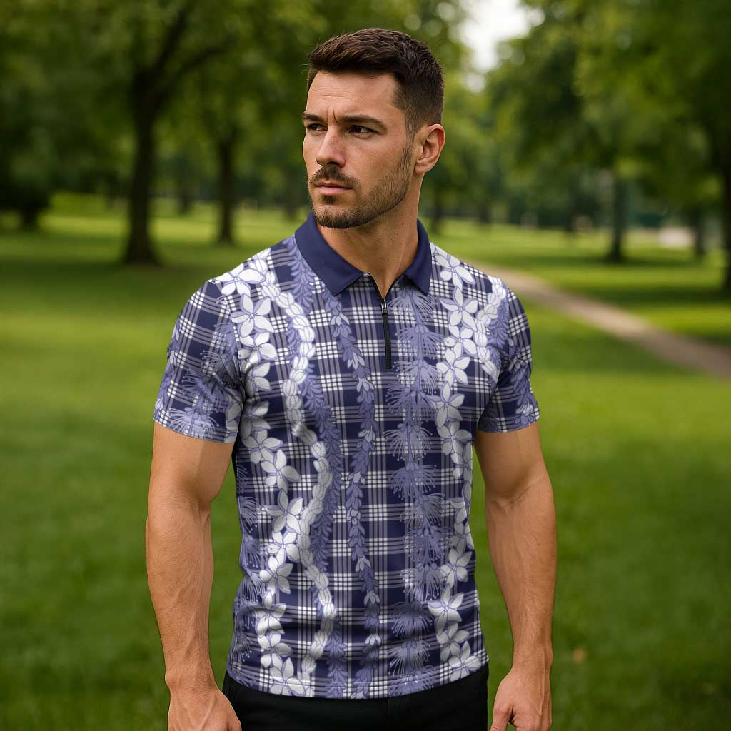 Hawaiian Ohia Lehua Lei Zipper Polo Shirt Plaid Palaka Uliuli hohonu Pattern - Polynesian Pride