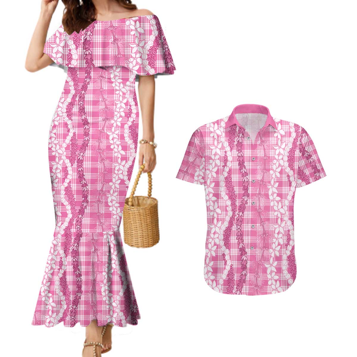 Hawaiian Ohia Lehua Lei Couples Matching Mermaid Dress and Hawaiian Shirt Plaid Palaka Akala Pattern - Polynesian Pride