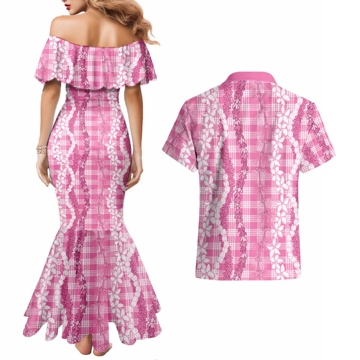 Hawaiian Ohia Lehua Lei Couples Matching Mermaid Dress and Hawaiian Shirt Plaid Palaka Akala Pattern - Polynesian Pride