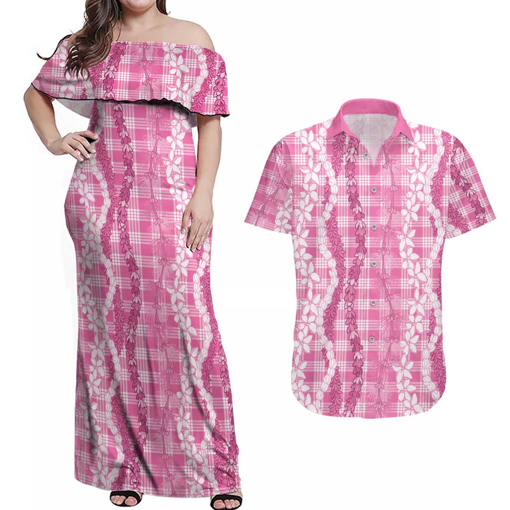 Hawaiian Ohia Lehua Lei Couples Matching Off Shoulder Maxi Dress and Hawaiian Shirt Plaid Palaka Akala Pattern - Polynesian Pride