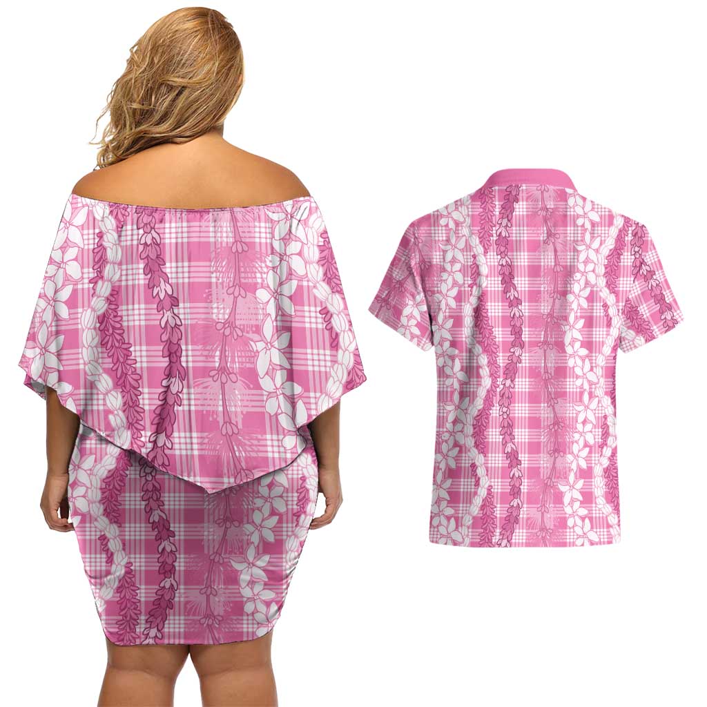 Hawaiian Ohia Lehua Lei Couples Matching Off Shoulder Short Dress and Hawaiian Shirt Plaid Palaka Akala Pattern - Polynesian Pride