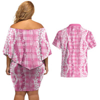 Hawaiian Ohia Lehua Lei Couples Matching Off Shoulder Short Dress and Hawaiian Shirt Plaid Palaka Akala Pattern - Polynesian Pride