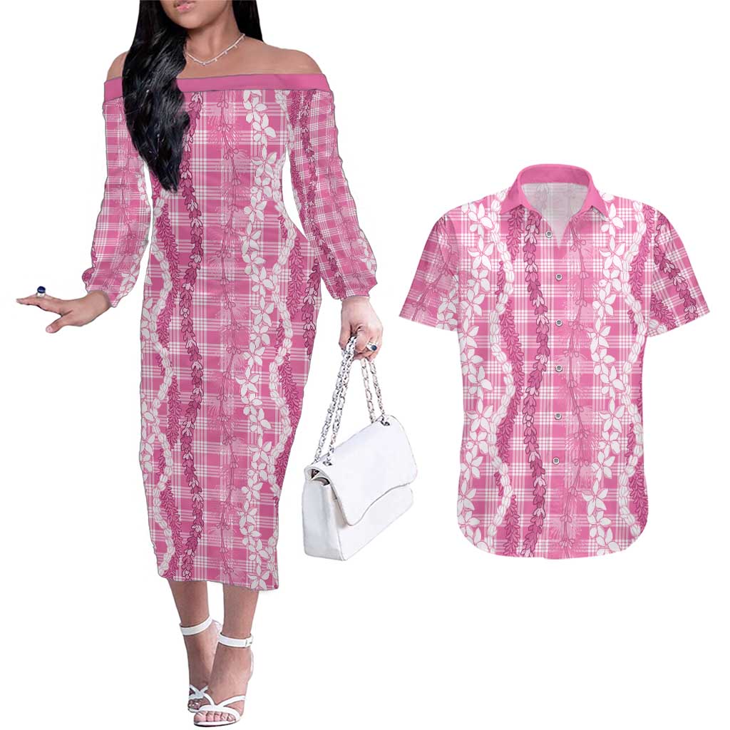 Hawaiian Ohia Lehua Lei Couples Matching Off The Shoulder Long Sleeve Dress and Hawaiian Shirt Plaid Palaka Akala Pattern - Polynesian Pride