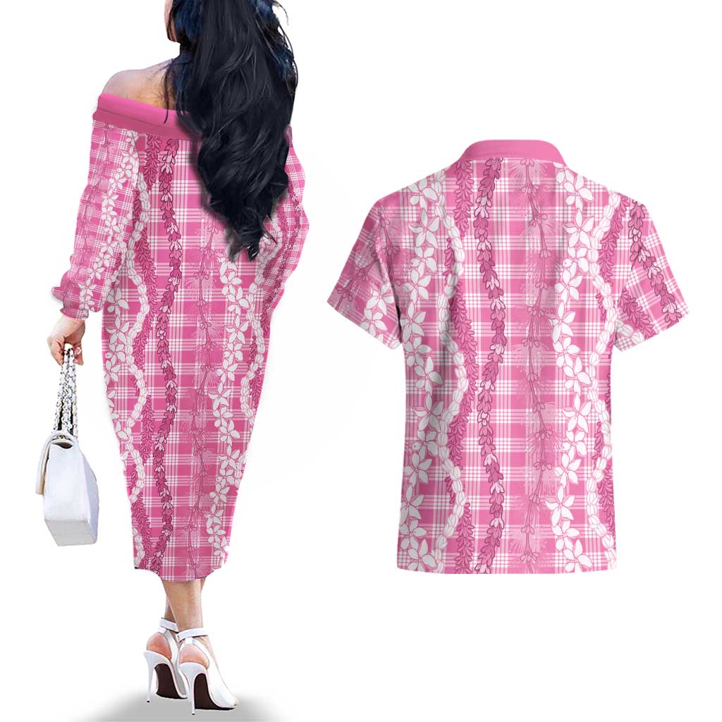 Hawaiian Ohia Lehua Lei Couples Matching Off The Shoulder Long Sleeve Dress and Hawaiian Shirt Plaid Palaka Akala Pattern - Polynesian Pride