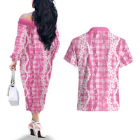 Hawaiian Ohia Lehua Lei Couples Matching Off The Shoulder Long Sleeve Dress and Hawaiian Shirt Plaid Palaka Akala Pattern - Polynesian Pride