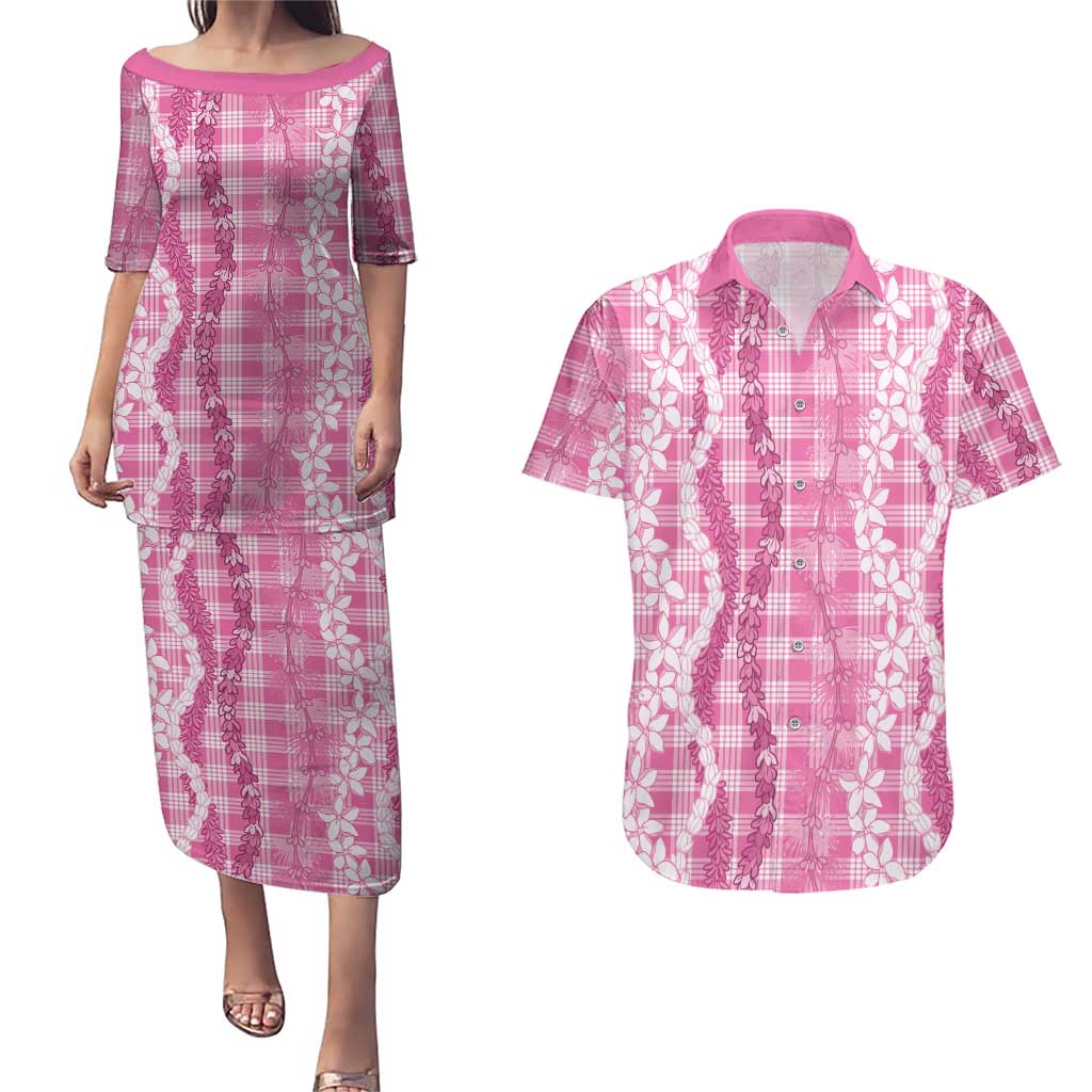 Hawaiian Ohia Lehua Lei Couples Matching Puletasi and Hawaiian Shirt Plaid Palaka Akala Pattern - Polynesian Pride