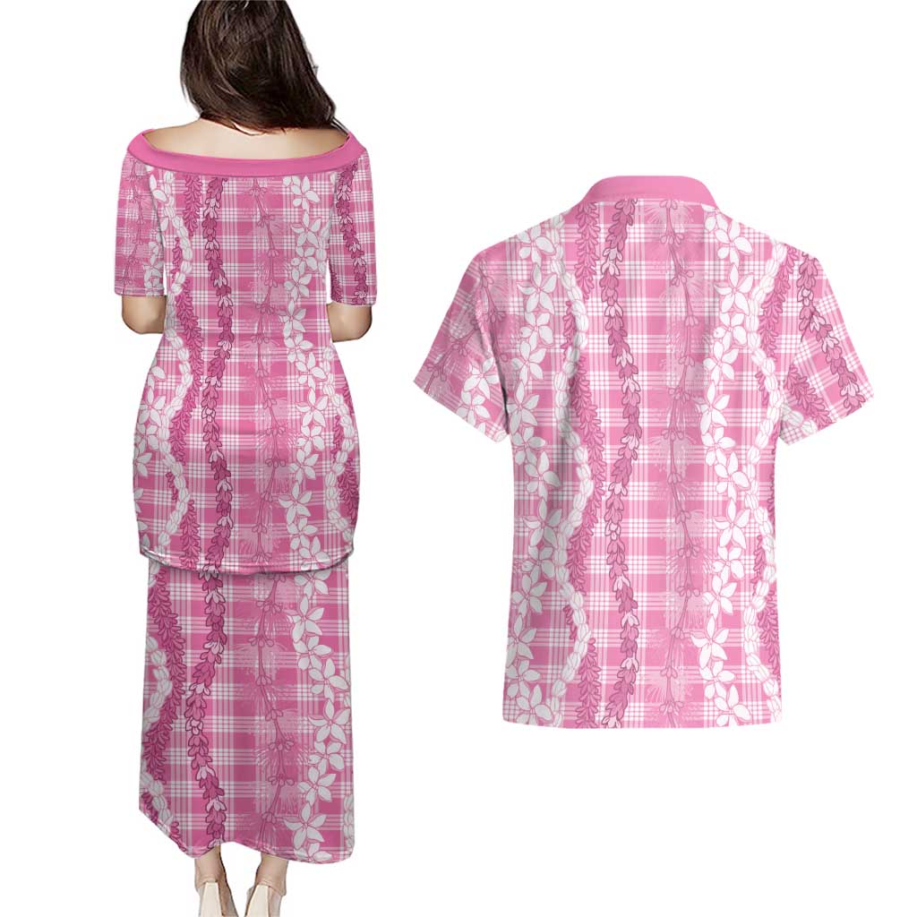 Hawaiian Ohia Lehua Lei Couples Matching Puletasi and Hawaiian Shirt Plaid Palaka Akala Pattern - Polynesian Pride
