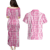Hawaiian Ohia Lehua Lei Couples Matching Puletasi and Hawaiian Shirt Plaid Palaka Akala Pattern - Polynesian Pride