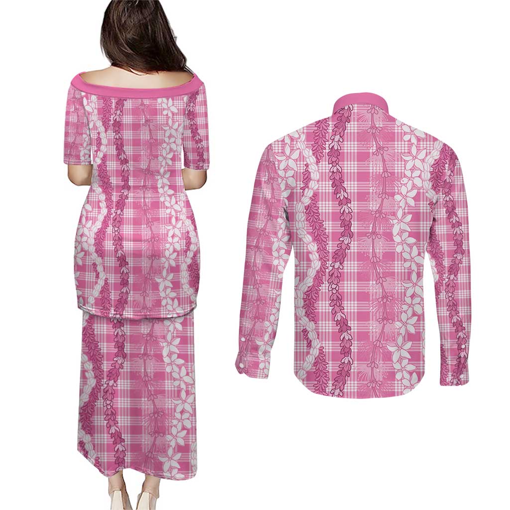 Hawaiian Ohia Lehua Lei Couples Matching Puletasi and Long Sleeve Button Shirt Plaid Palaka Akala Pattern - Polynesian Pride