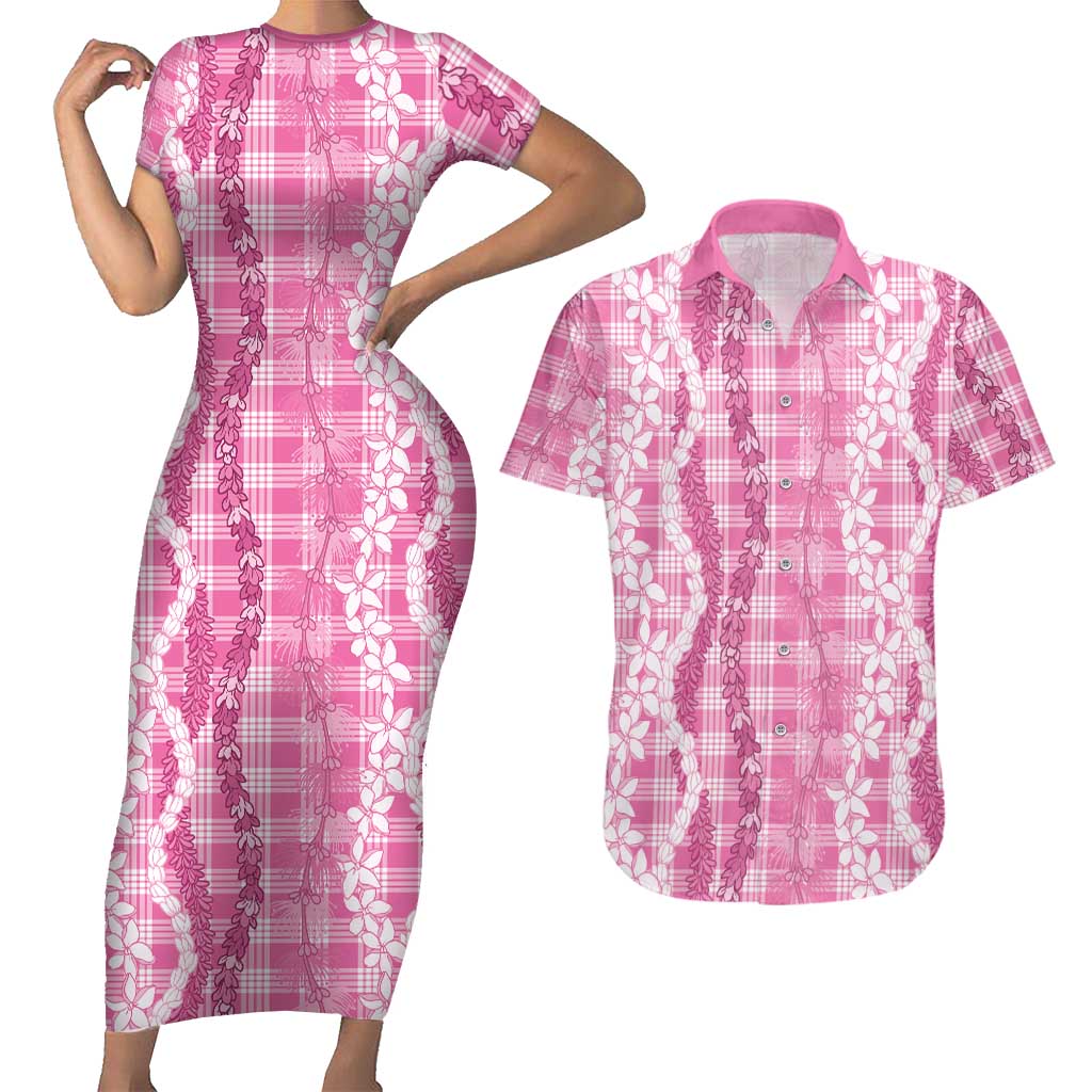 Hawaiian Ohia Lehua Lei Couples Matching Short Sleeve Bodycon Dress and Hawaiian Shirt Plaid Palaka Akala Pattern - Polynesian Pride