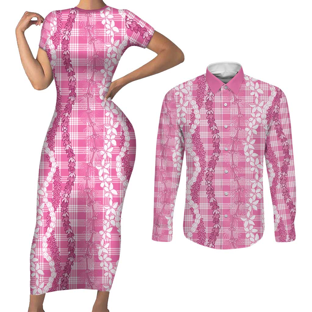 Hawaiian Ohia Lehua Lei Couples Matching Short Sleeve Bodycon Dress and Long Sleeve Button Shirt Plaid Palaka Akala Pattern - Polynesian Pride