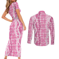 Hawaiian Ohia Lehua Lei Couples Matching Short Sleeve Bodycon Dress and Long Sleeve Button Shirt Plaid Palaka Akala Pattern - Polynesian Pride