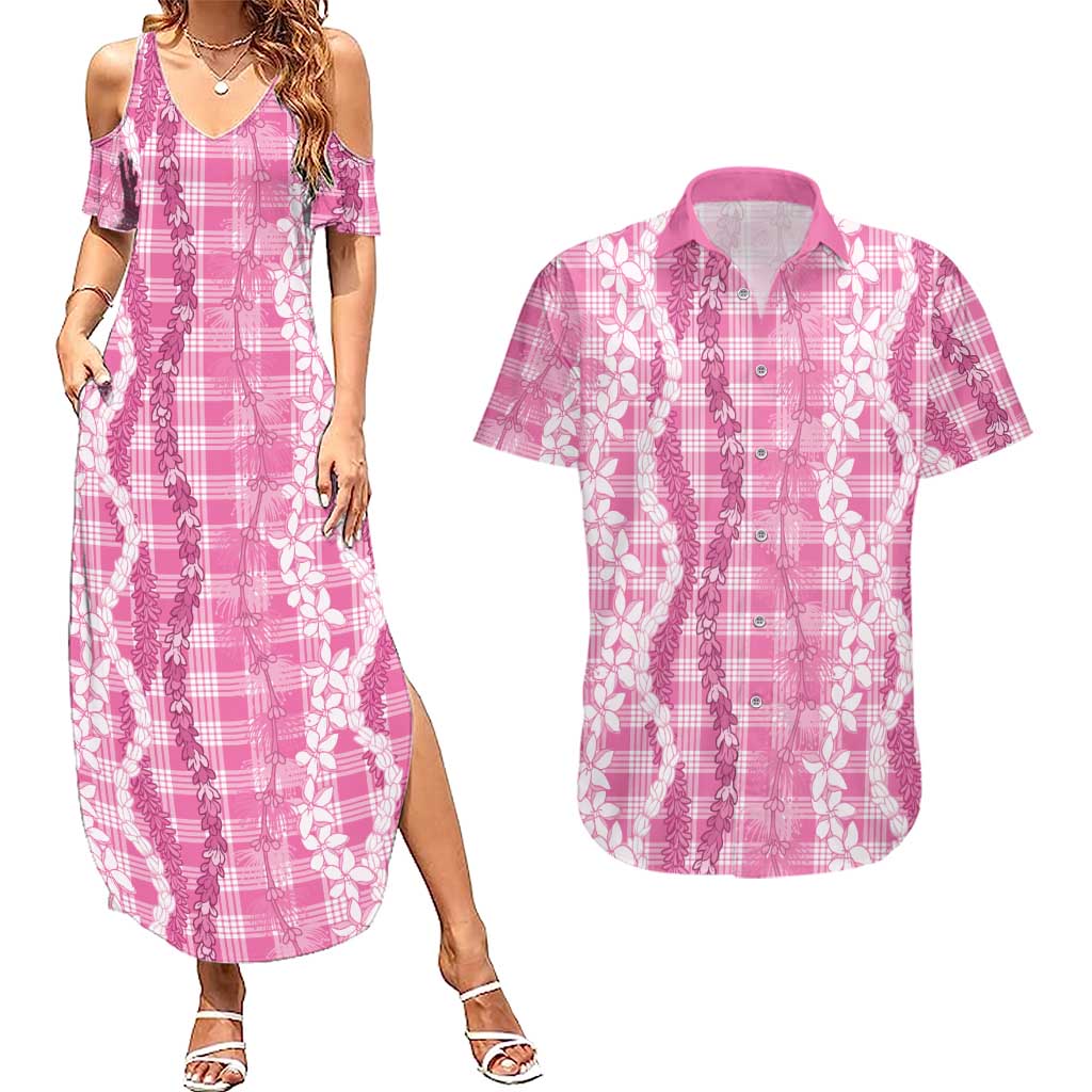 Hawaiian Ohia Lehua Lei Couples Matching Summer Maxi Dress and Hawaiian Shirt Plaid Palaka Akala Pattern - Polynesian Pride
