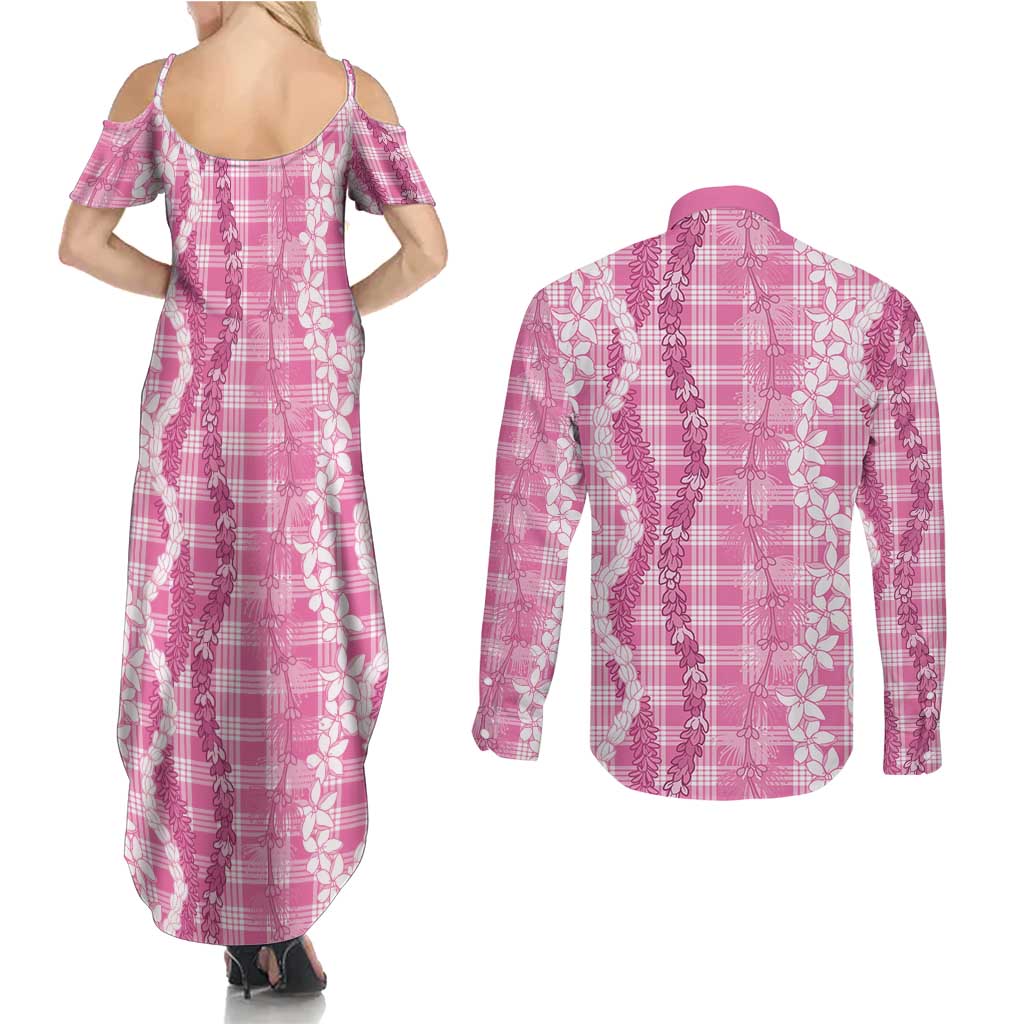 Hawaiian Ohia Lehua Lei Couples Matching Summer Maxi Dress and Long Sleeve Button Shirt Plaid Palaka Akala Pattern - Polynesian Pride