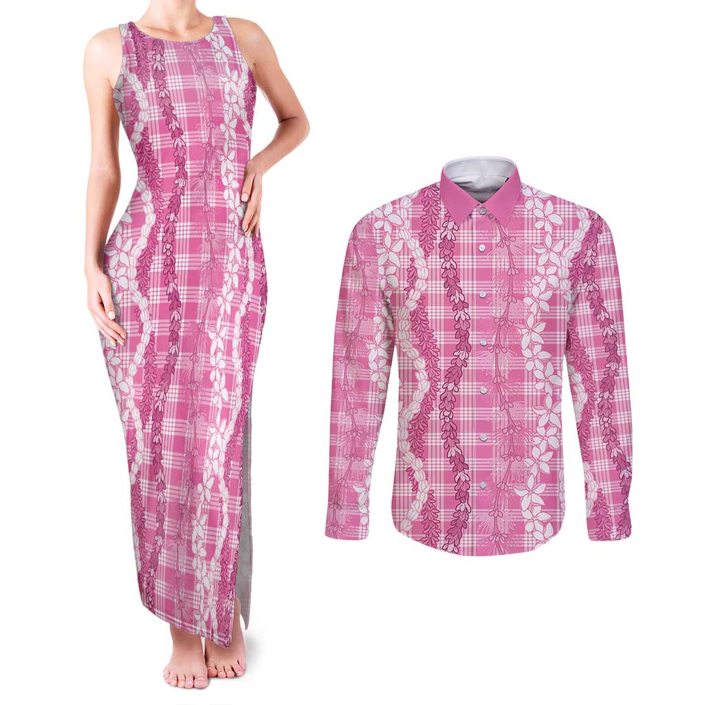 Hawaiian Ohia Lehua Lei Couples Matching Tank Maxi Dress and Long Sleeve Button Shirt Plaid Palaka Akala Pattern - Polynesian Pride