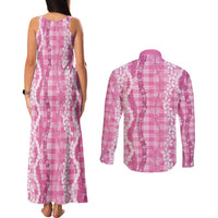 Hawaiian Ohia Lehua Lei Couples Matching Tank Maxi Dress and Long Sleeve Button Shirt Plaid Palaka Akala Pattern - Polynesian Pride