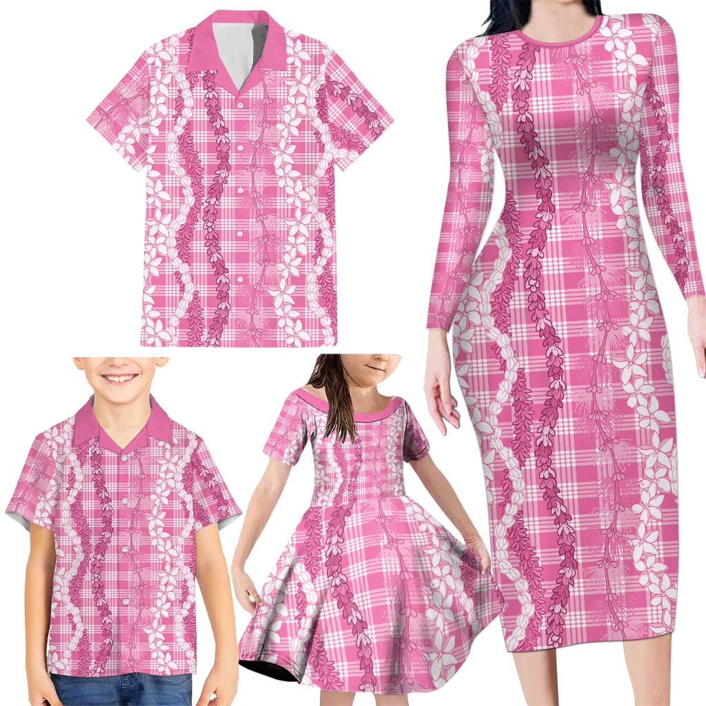 Hawaiian Ohia Lehua Lei Family Matching Long Sleeve Bodycon Dress and Hawaiian Shirt Plaid Palaka Akala Pattern - Polynesian Pride