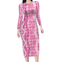Hawaiian Ohia Lehua Lei Family Matching Long Sleeve Bodycon Dress and Hawaiian Shirt Plaid Palaka Akala Pattern LT9 Pink - Polynesian Pride