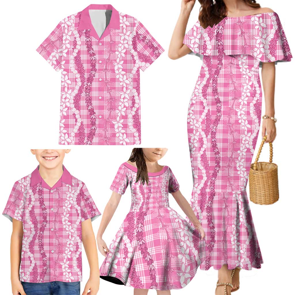 Hawaiian Ohia Lehua Lei Family Matching Mermaid Dress and Hawaiian Shirt Plaid Palaka Akala Pattern LT9 - Polynesian Pride