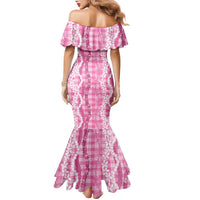 Hawaiian Ohia Lehua Lei Family Matching Mermaid Dress and Hawaiian Shirt Plaid Palaka Akala Pattern LT9 - Polynesian Pride