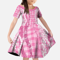 Hawaiian Ohia Lehua Lei Family Matching Off The Shoulder Long Sleeve Dress and Hawaiian Shirt Plaid Palaka Akala Pattern LT9 Daughter's Dress Pink - Polynesian Pride