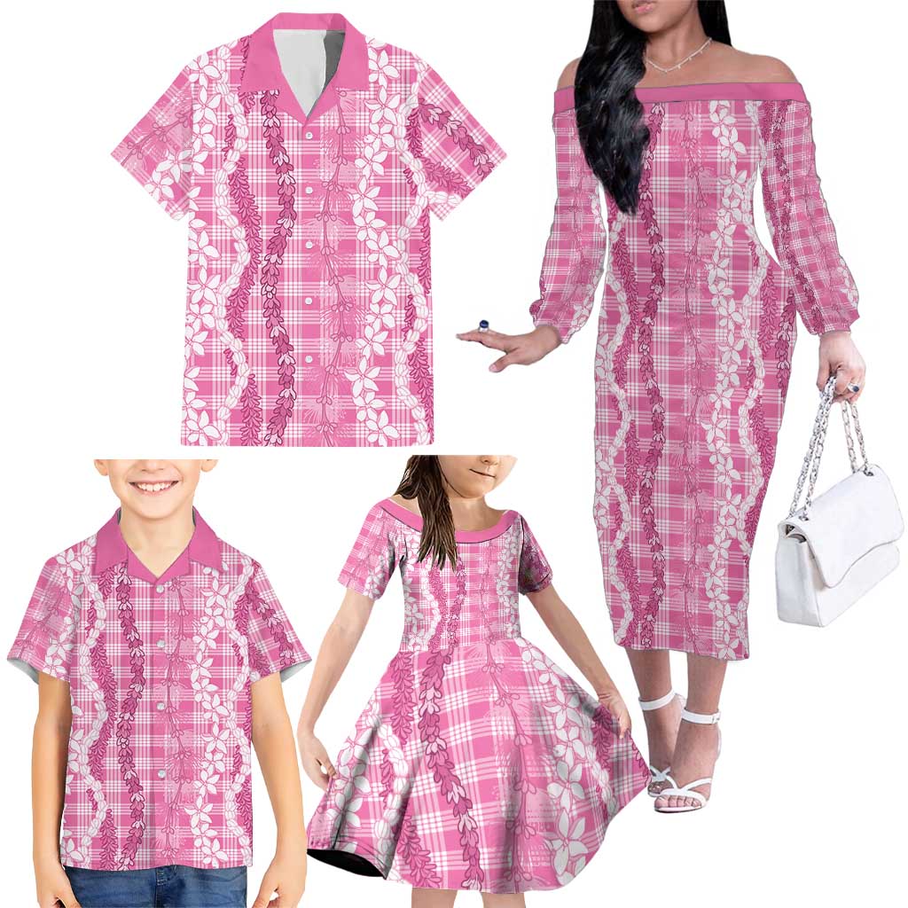 Hawaiian Ohia Lehua Lei Family Matching Off The Shoulder Long Sleeve Dress and Hawaiian Shirt Plaid Palaka Akala Pattern LT9 - Polynesian Pride