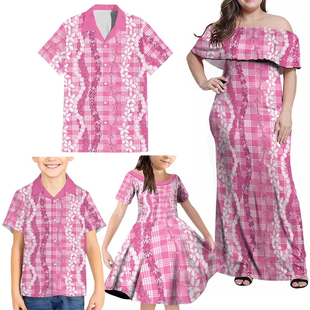 Hawaiian Ohia Lehua Lei Family Matching Off Shoulder Maxi Dress and Hawaiian Shirt Plaid Palaka Akala Pattern - Polynesian Pride