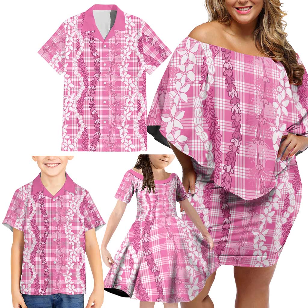 Hawaiian Ohia Lehua Lei Family Matching Off Shoulder Short Dress and Hawaiian Shirt Plaid Palaka Akala Pattern - Polynesian Pride