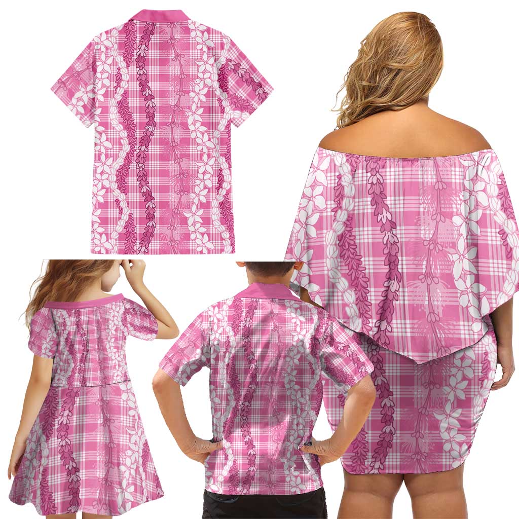 Hawaiian Ohia Lehua Lei Family Matching Off Shoulder Short Dress and Hawaiian Shirt Plaid Palaka Akala Pattern - Polynesian Pride