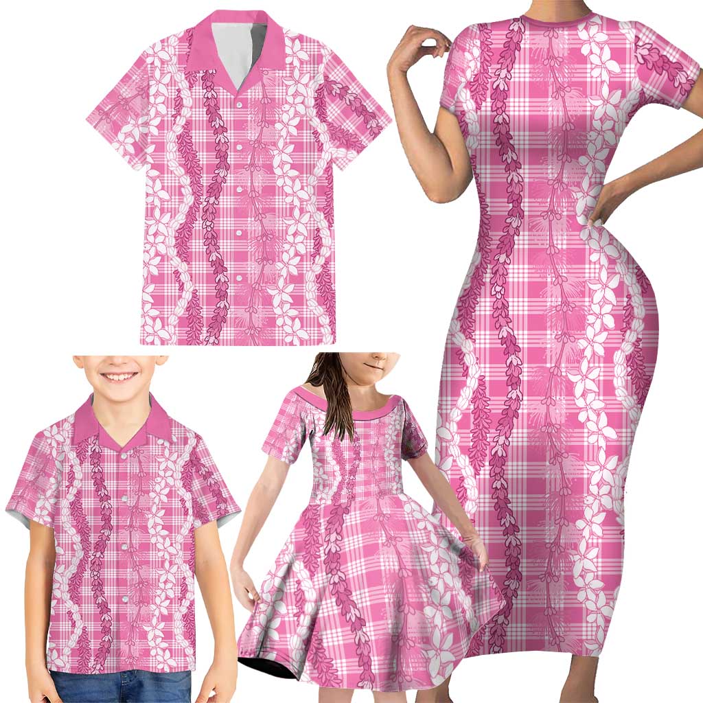 Hawaiian Ohia Lehua Lei Family Matching Short Sleeve Bodycon Dress and Hawaiian Shirt Plaid Palaka Akala Pattern LT9 - Polynesian Pride