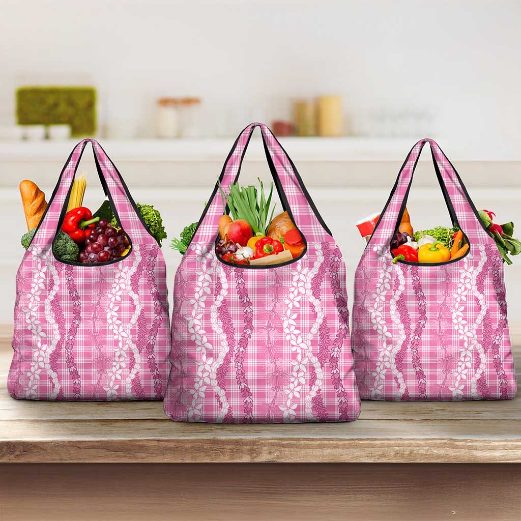 Hawaiian Ohia Lehua Lei Grocery Bag Plaid Palaka Akala Pattern - Polynesian Pride