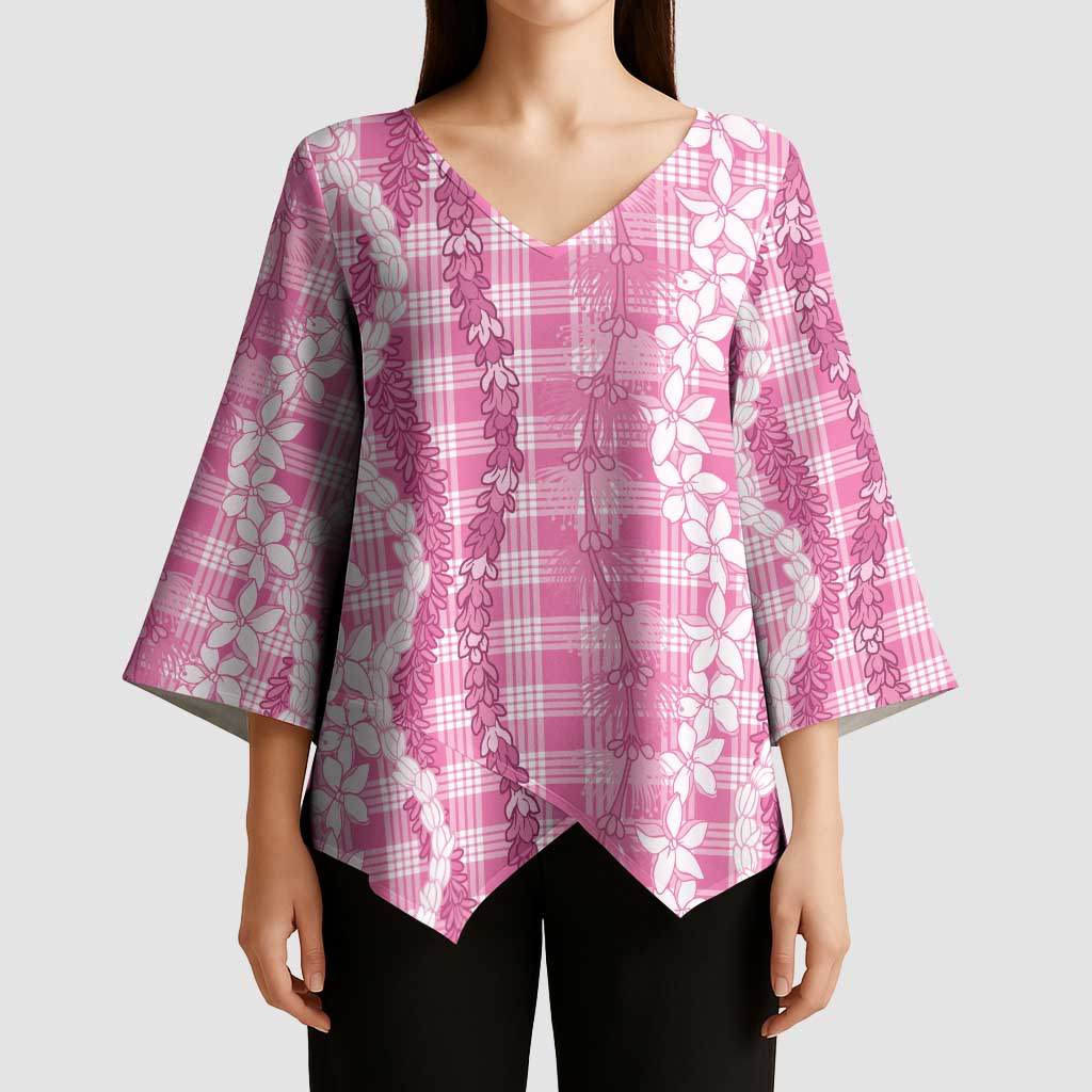 Hawaiian Ohia Lehua Lei Kimono Sleeve Blouse Plaid Palaka Akala Pattern - Polynesian Pride