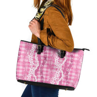 Hawaiian Ohia Lehua Lei Leather Tote Bag Plaid Palaka Akala Pattern - Polynesian Pride