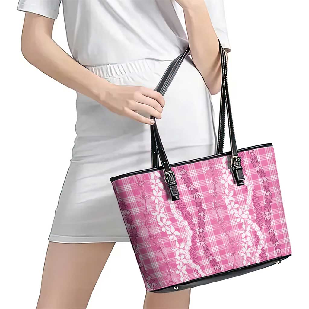 Hawaiian Ohia Lehua Lei Leather Tote Bag Plaid Palaka Akala Pattern - Polynesian Pride