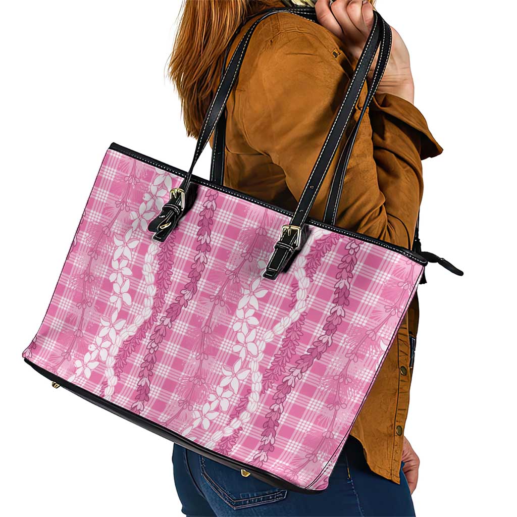 Hawaiian Ohia Lehua Lei Leather Tote Bag Plaid Palaka Akala Pattern - Polynesian Pride