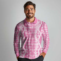 Hawaiian Ohia Lehua Lei Long Sleeve Polo Shirt Plaid Palaka Akala Pattern - Polynesian Pride