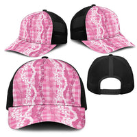 Hawaiian Ohia Lehua Lei Mesh Trucker Cap Plaid Palaka Akala Pattern - Polynesian Pride