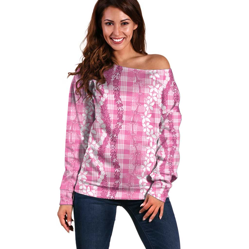 Hawaiian Ohia Lehua Lei Off Shoulder Sweater Plaid Palaka Akala Pattern - Polynesian Pride