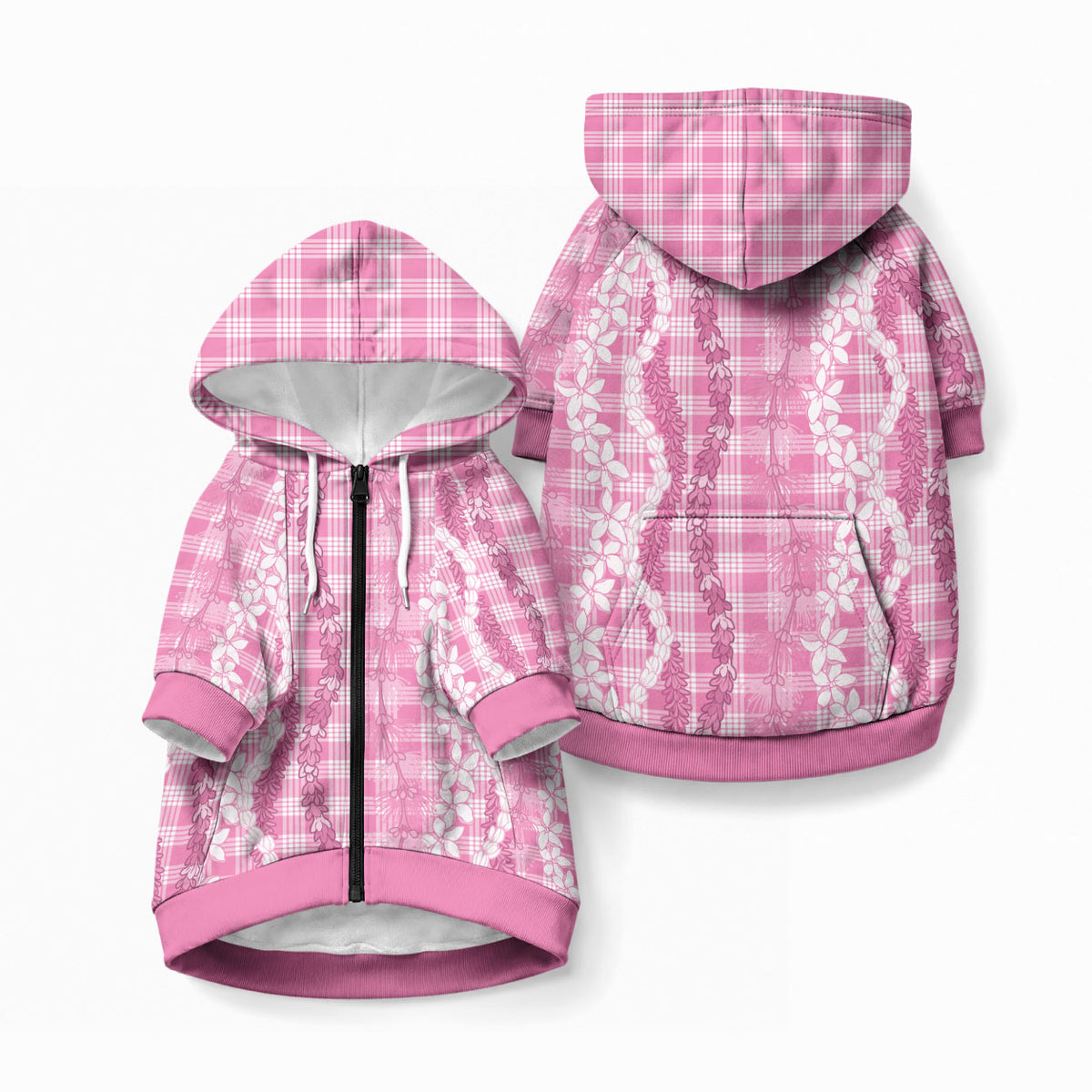 Hawaiian Ohia Lehua Lei Pet Hoodie Plaid Palaka Akala Pattern LT9 Zip-up Pink - Polynesian Pride