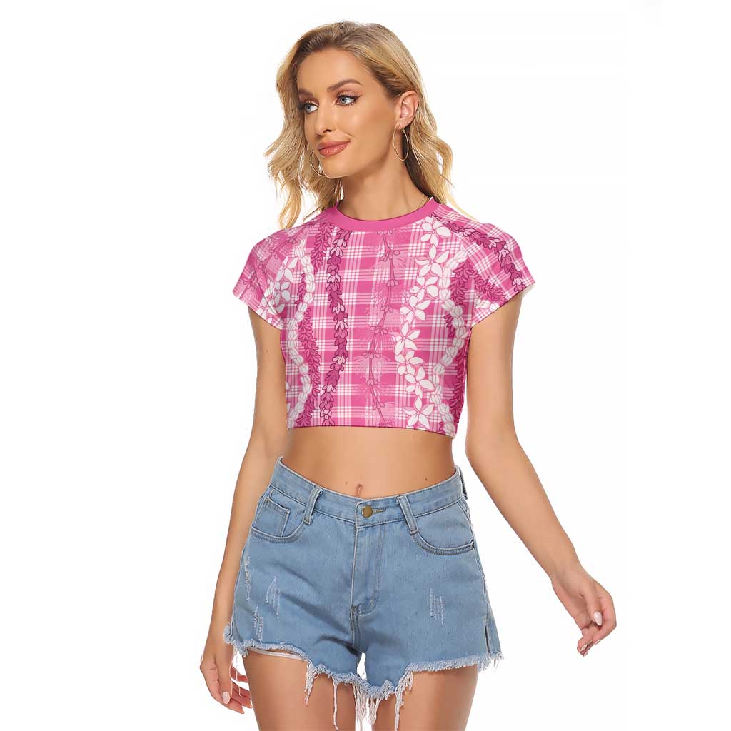 Hawaiian Ohia Lehua Lei Raglan Cropped T Shirt Plaid Palaka Akala Pattern - Polynesian Pride