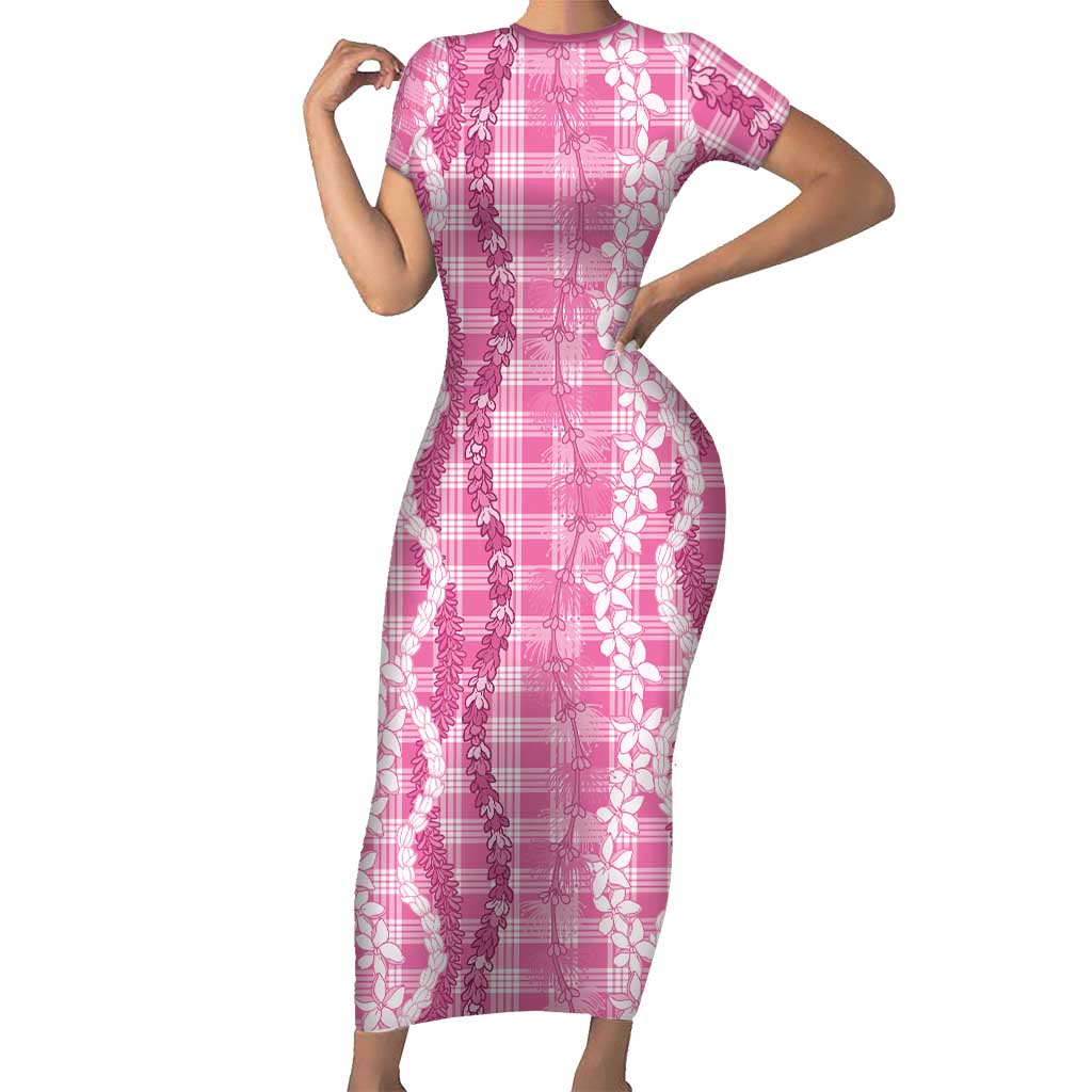 Hawaiian Ohia Lehua Lei Short Sleeve Bodycon Dress Plaid Palaka Akala Pattern - Polynesian Pride